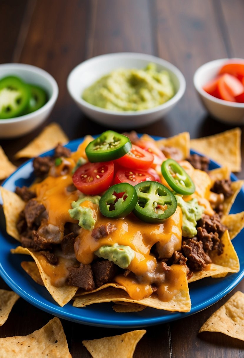 A plate of classic beef nachos topped with melted cheese, jalapenos, tomatoes, and guacamole, surrounded by tortilla chips