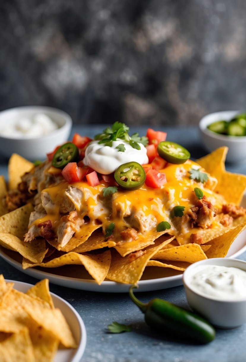 A platter of loaded chicken nachos with melted cheese, diced tomatoes, jalapeños, and sour cream on a bed of crispy tortilla chips