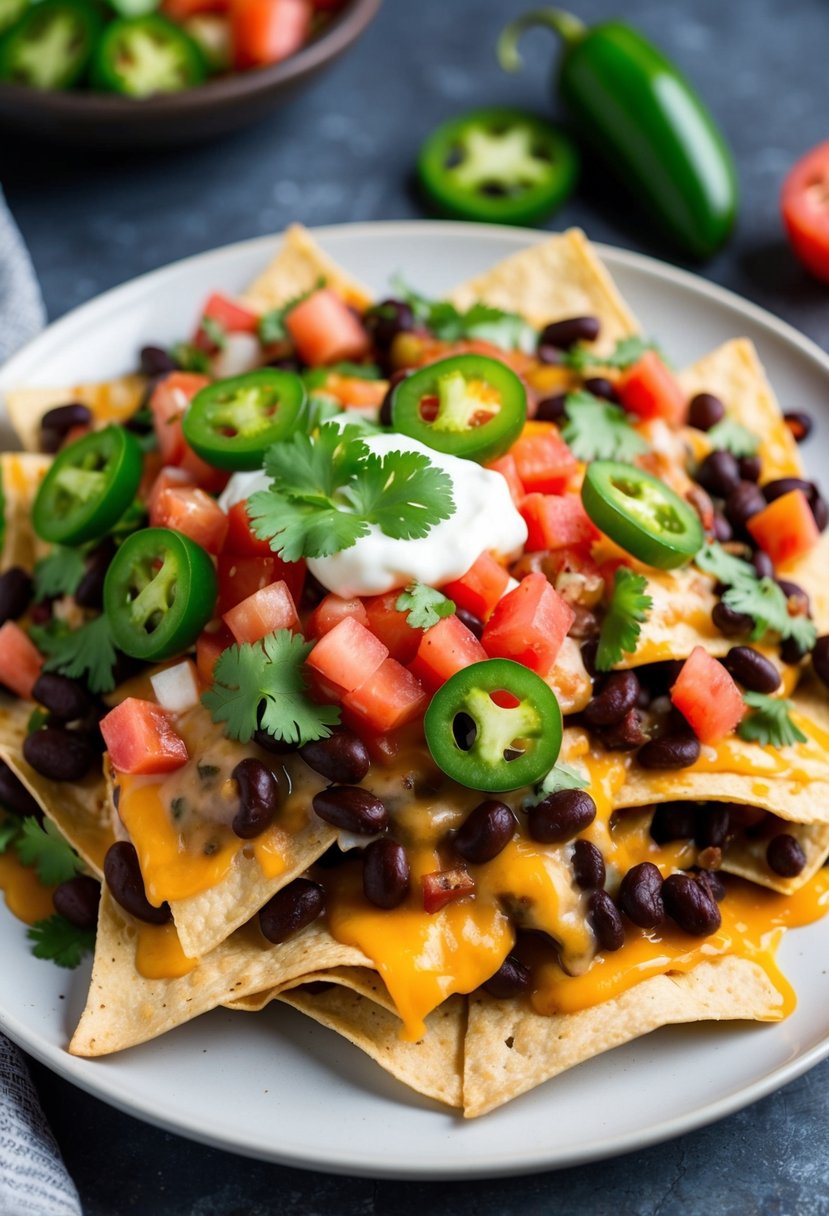 A plate of loaded vegetarian black bean nachos topped with melted cheese, fresh salsa, diced tomatoes, jalapenos, and cilantro