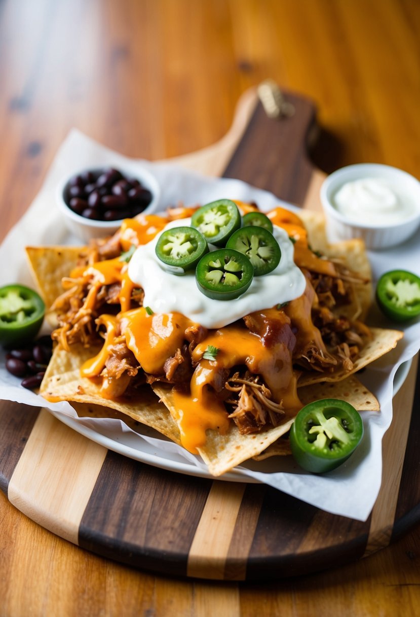 A platter of loaded BBQ pulled pork nachos with melted cheese, jalapenos, black beans, and sour cream on a wooden serving board