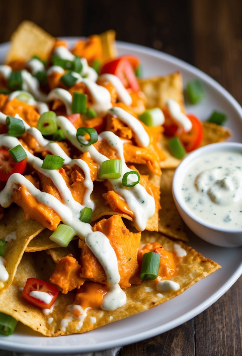 A plate of loaded buffalo chicken nachos with melted cheese, diced tomatoes, green onions, and drizzled with creamy ranch dressing