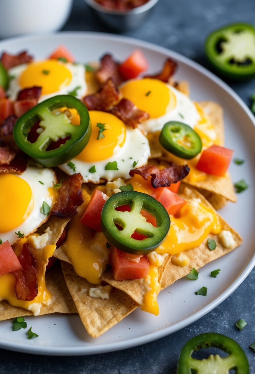 A plate of breakfast nachos topped with scrambled eggs, crispy bacon, melted cheese, diced tomatoes, and sliced jalapenos