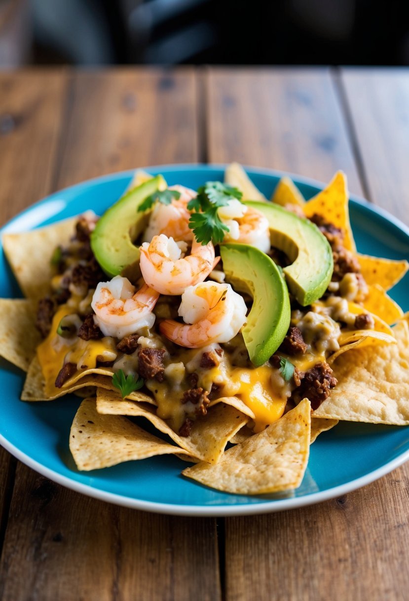 A plate of loaded nachos with shrimp, avocado, and melted cheese on a bed of crispy tortilla chips