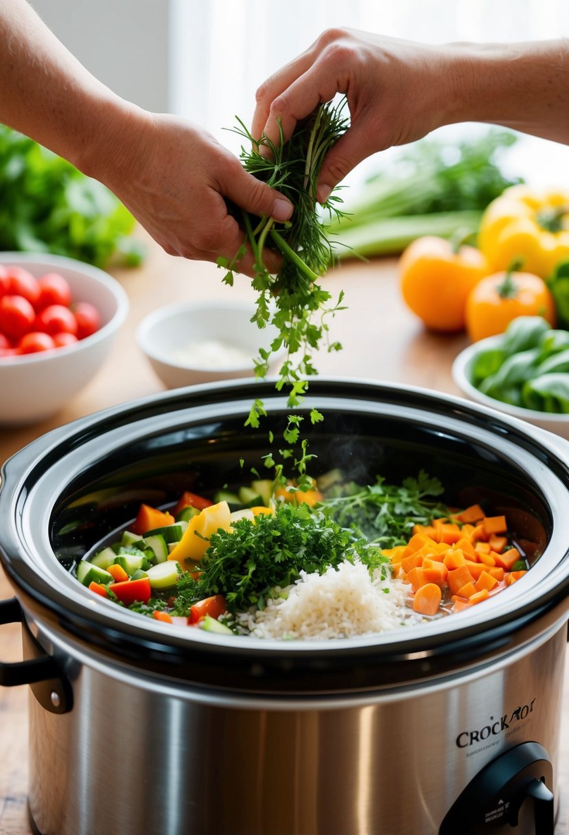 A colorful array of fresh vegetables and herbs being chopped and added to a bubbling crockpot, filling the air with enticing aromas