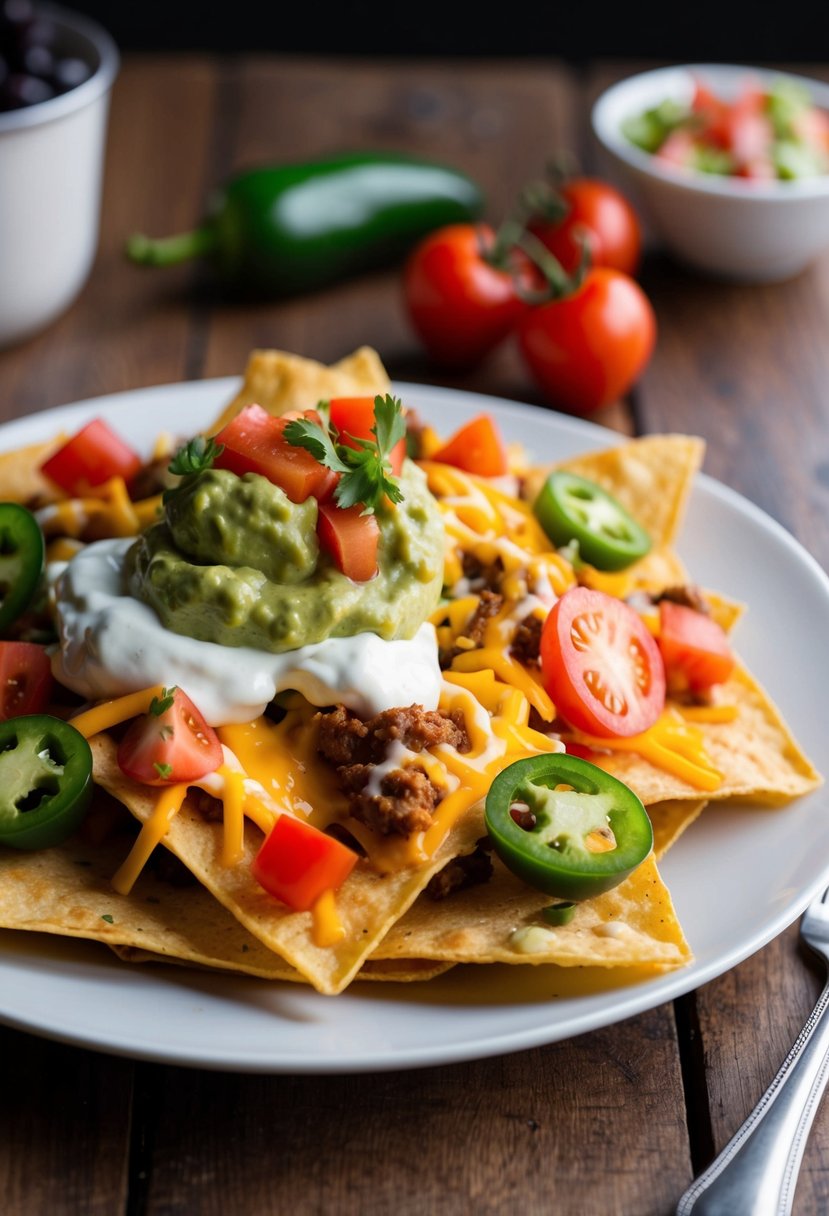 A plate of loaded nachos with cheese, tomatoes, jalapeños, sour cream, guacamole, and salsa