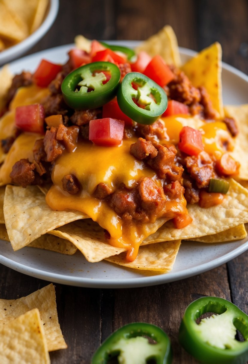 A plate of loaded chili cheese nachos with melted cheese, spicy chili, diced tomatoes, and sliced jalapenos on a bed of crispy tortilla chips