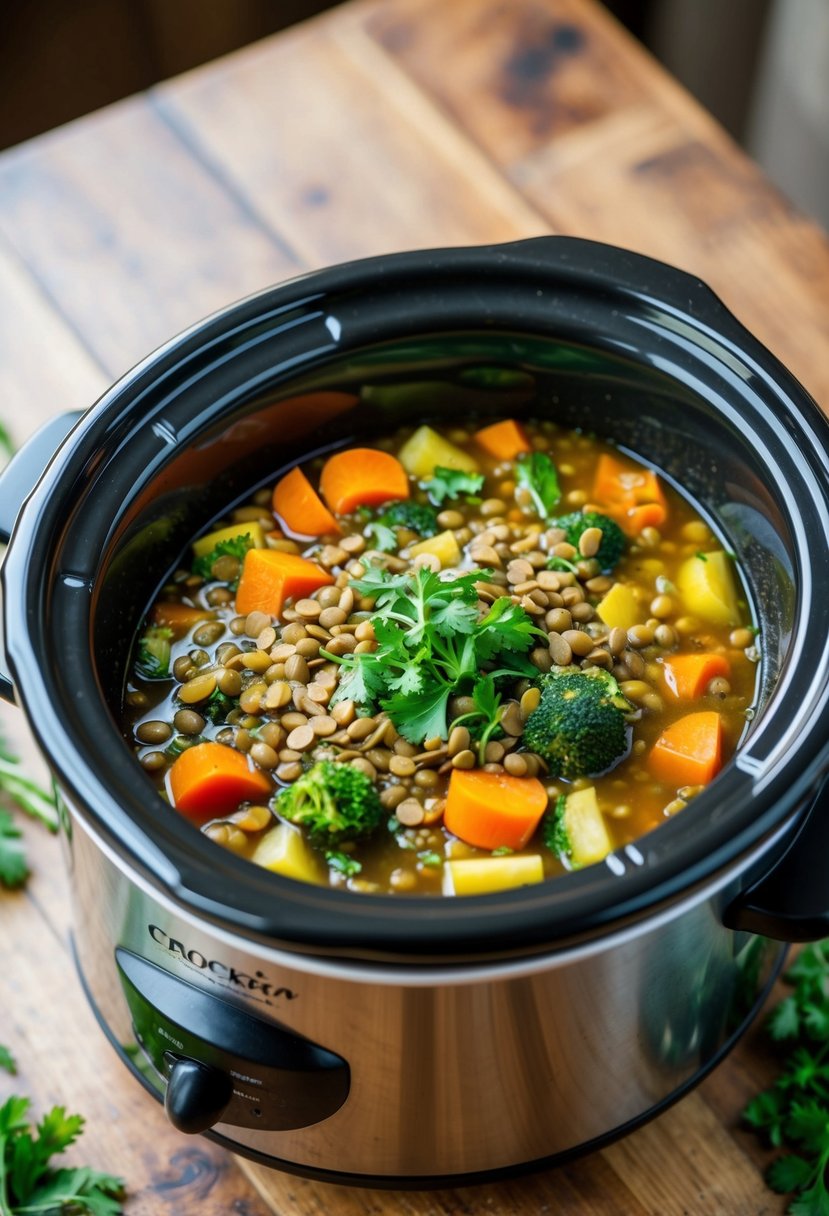 A crockpot filled with colorful vegetables and lentils simmering in a flavorful broth