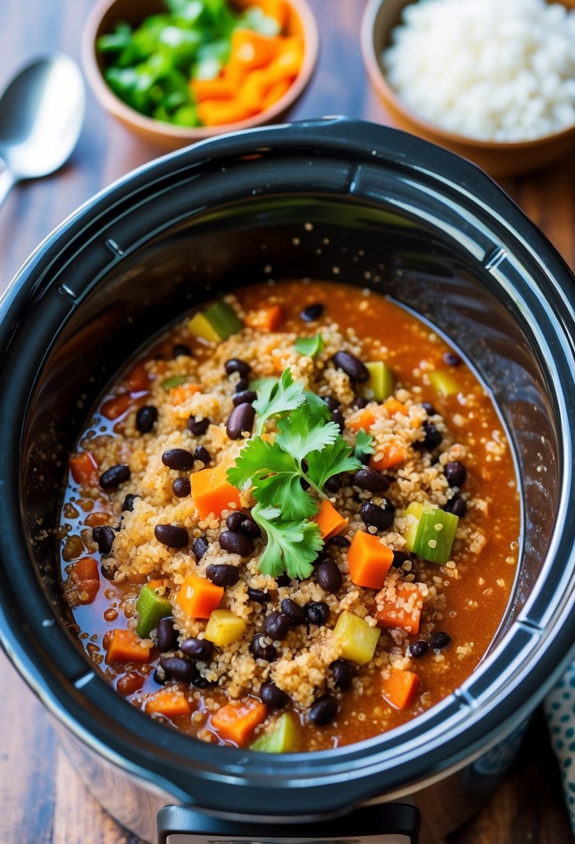 A bubbling crockpot filled with quinoa, black beans, and colorful vegetables simmering in a fragrant chili sauce