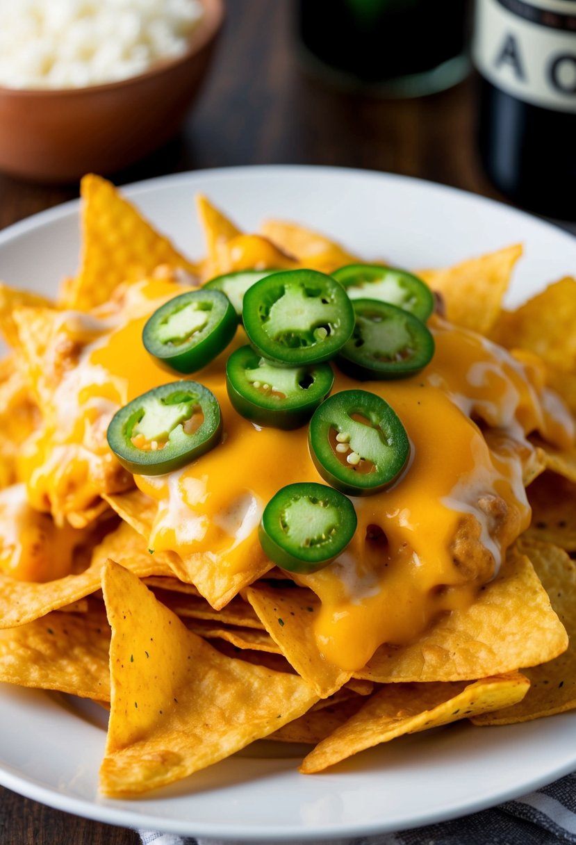 A plate of golden nachos piled high with melted cheddar cheese and topped with slices of spicy jalapeños