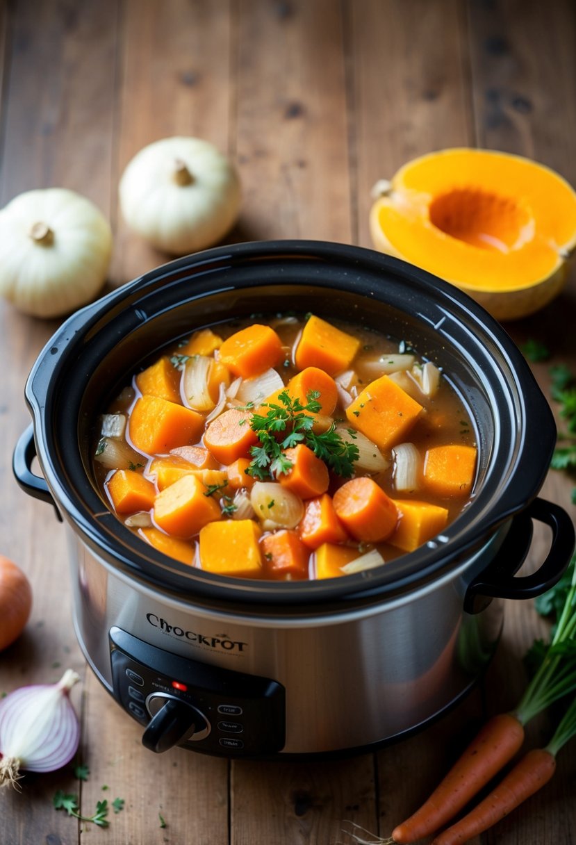 A bubbling crockpot filled with butternut squash, carrots, and onions simmering in a fragrant vegetable broth