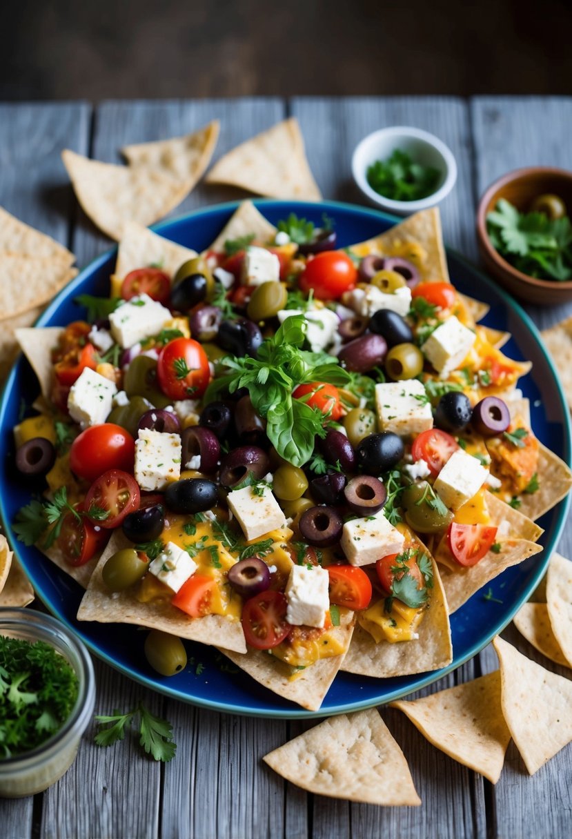 A colorful platter of Mediterranean-style nachos, topped with olives, feta cheese, tomatoes, and fresh herbs, surrounded by pita chips and hummus