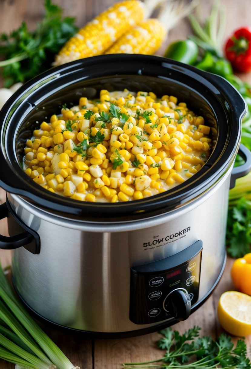 A slow cooker filled with creamy corn, surrounded by fresh vegetables and herbs