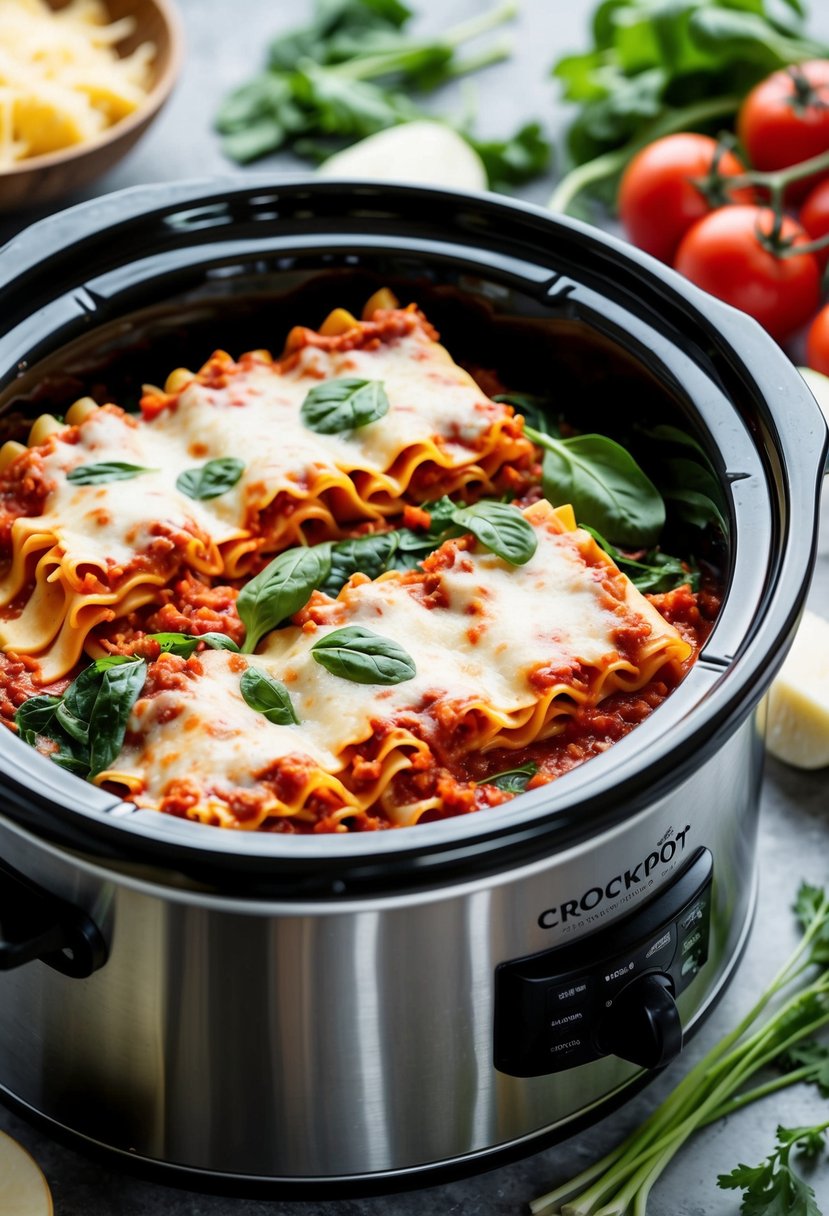 A crockpot filled with layers of lasagna noodles, marinara sauce, spinach, and cheese, surrounded by fresh vegetables and herbs