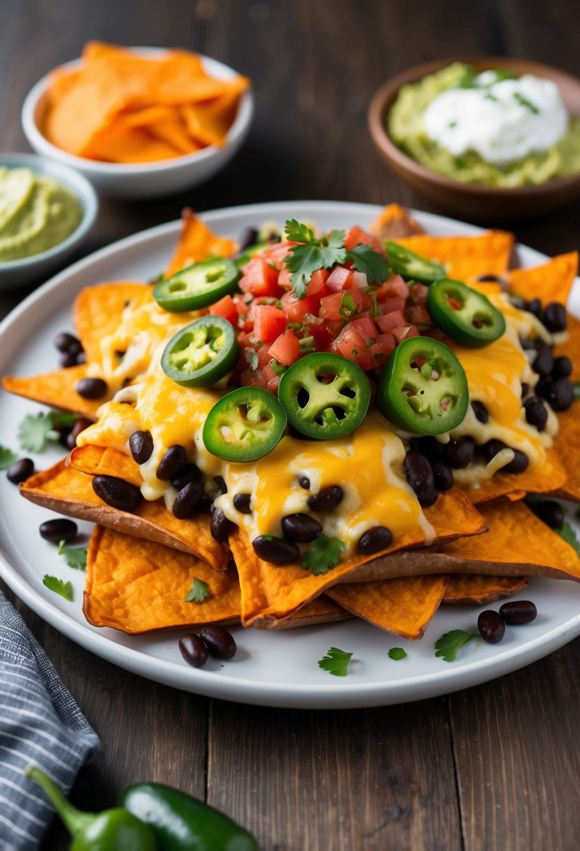 A platter of loaded sweet potato nachos, topped with cheese, black beans, jalapenos, and fresh salsa, served with a side of guacamole and sour cream