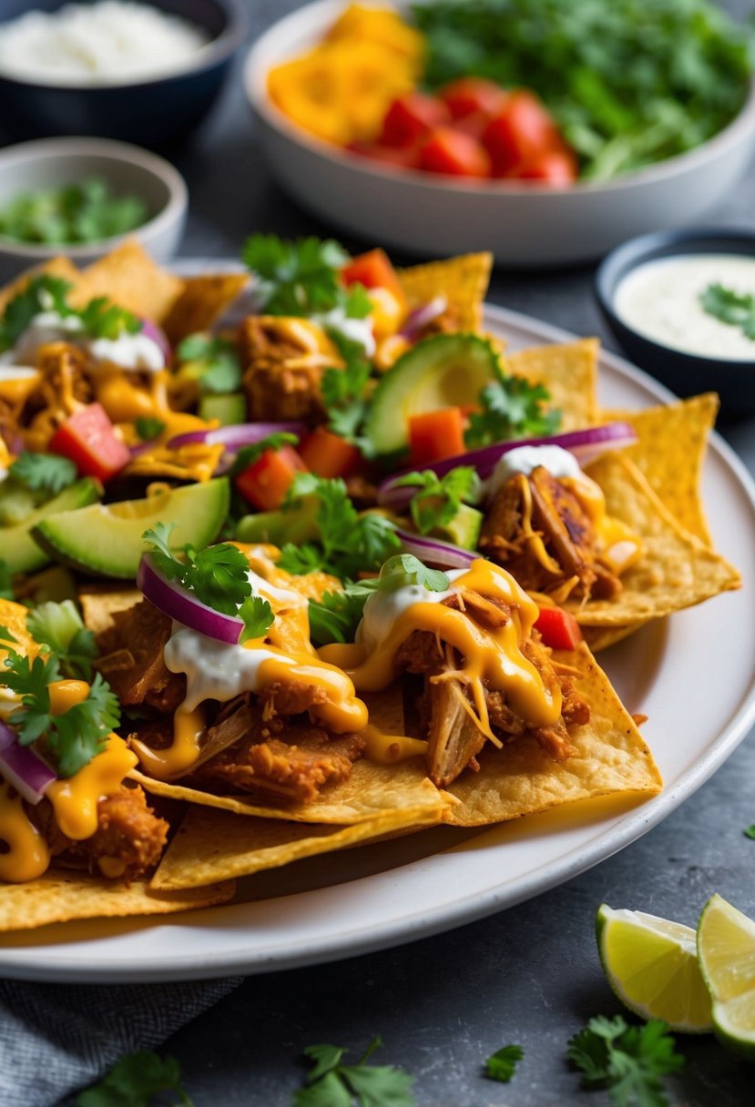 A platter of loaded vegan nachos topped with pulled jackfruit, colorful vegetables, and melted dairy-free cheese