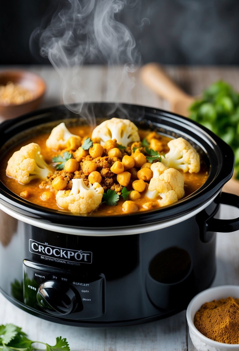 A bubbling crockpot filled with chickpeas, cauliflower, and aromatic spices. Steam rises as the rich curry simmers, ready to be served