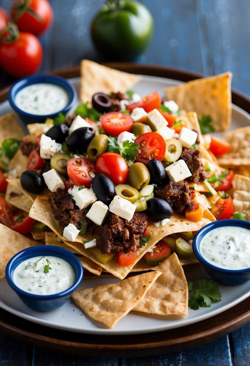 A platter of Greek nachos topped with feta, olives, tomatoes, and gyro meat, surrounded by pita chips and tzatziki sauce