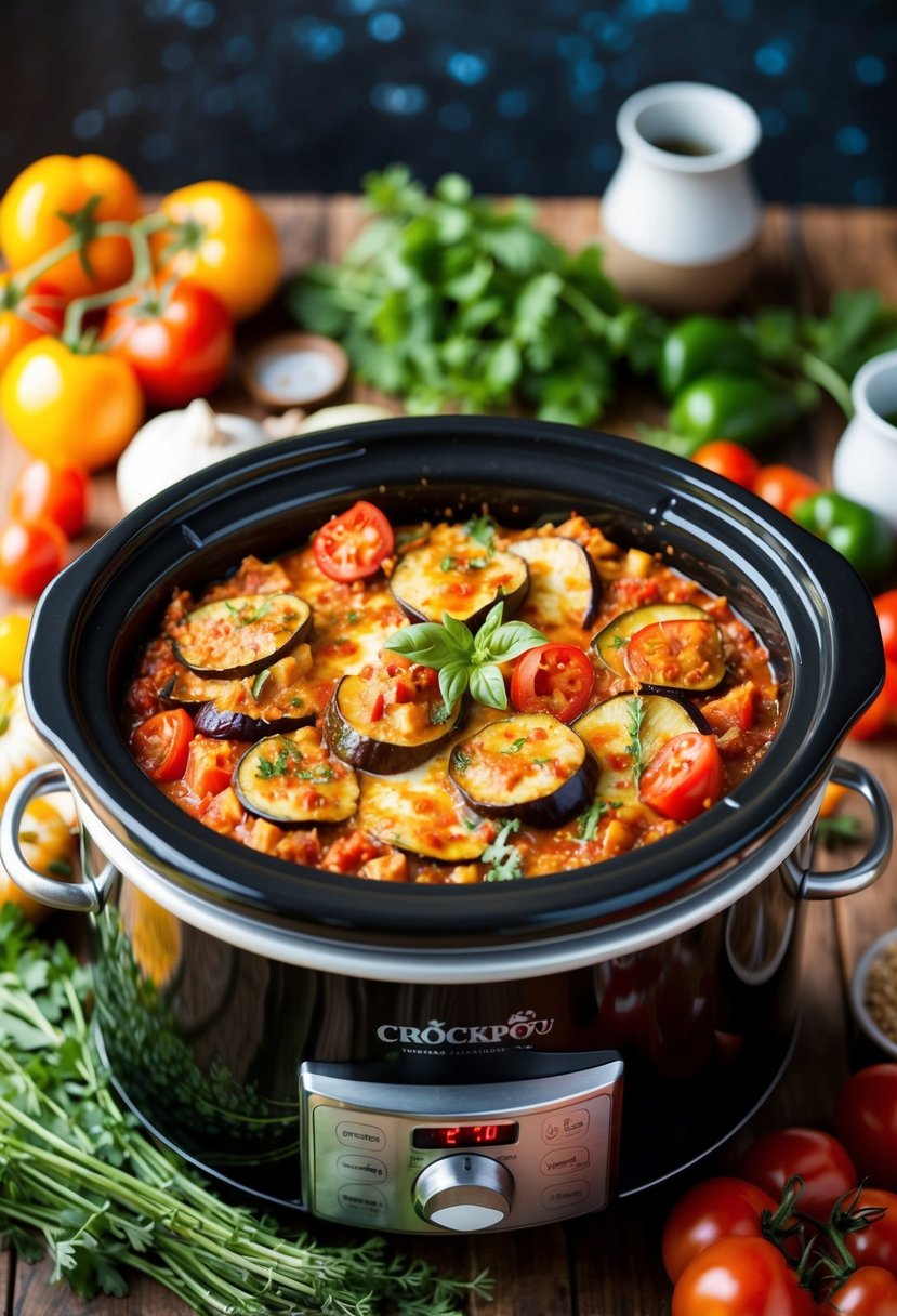 A bubbling crockpot filled with layers of spicy eggplant and tomato casserole, surrounded by vibrant vegetables and aromatic herbs