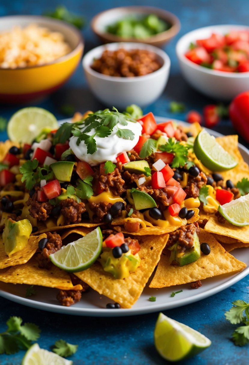 A colorful platter of loaded nachos with taco-inspired toppings