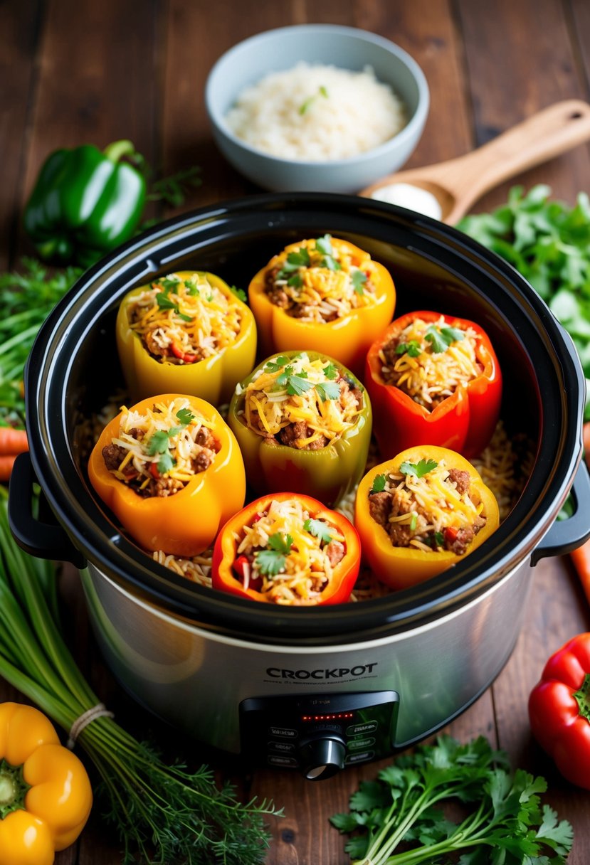 A crockpot filled with colorful stuffed bell peppers and rice, surrounded by fresh vegetables and herbs