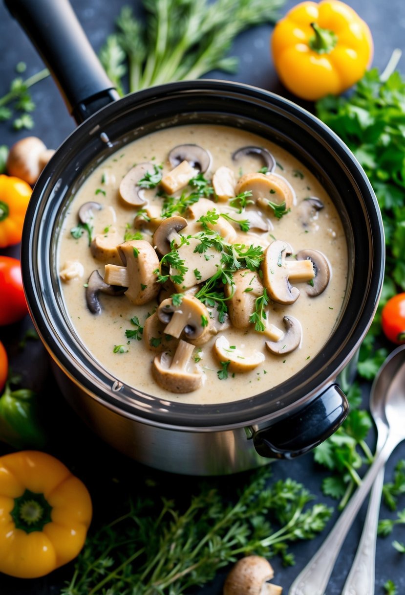 A bubbling crockpot filled with creamy mushroom stroganoff, surrounded by fresh herbs and colorful vegetables