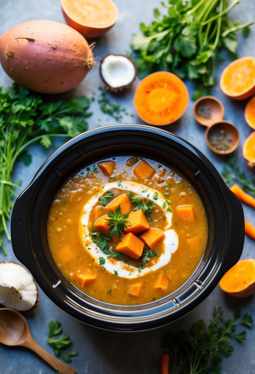 A bubbling crockpot filled with sweet potato and coconut soup, surrounded by vibrant vegetables and aromatic herbs