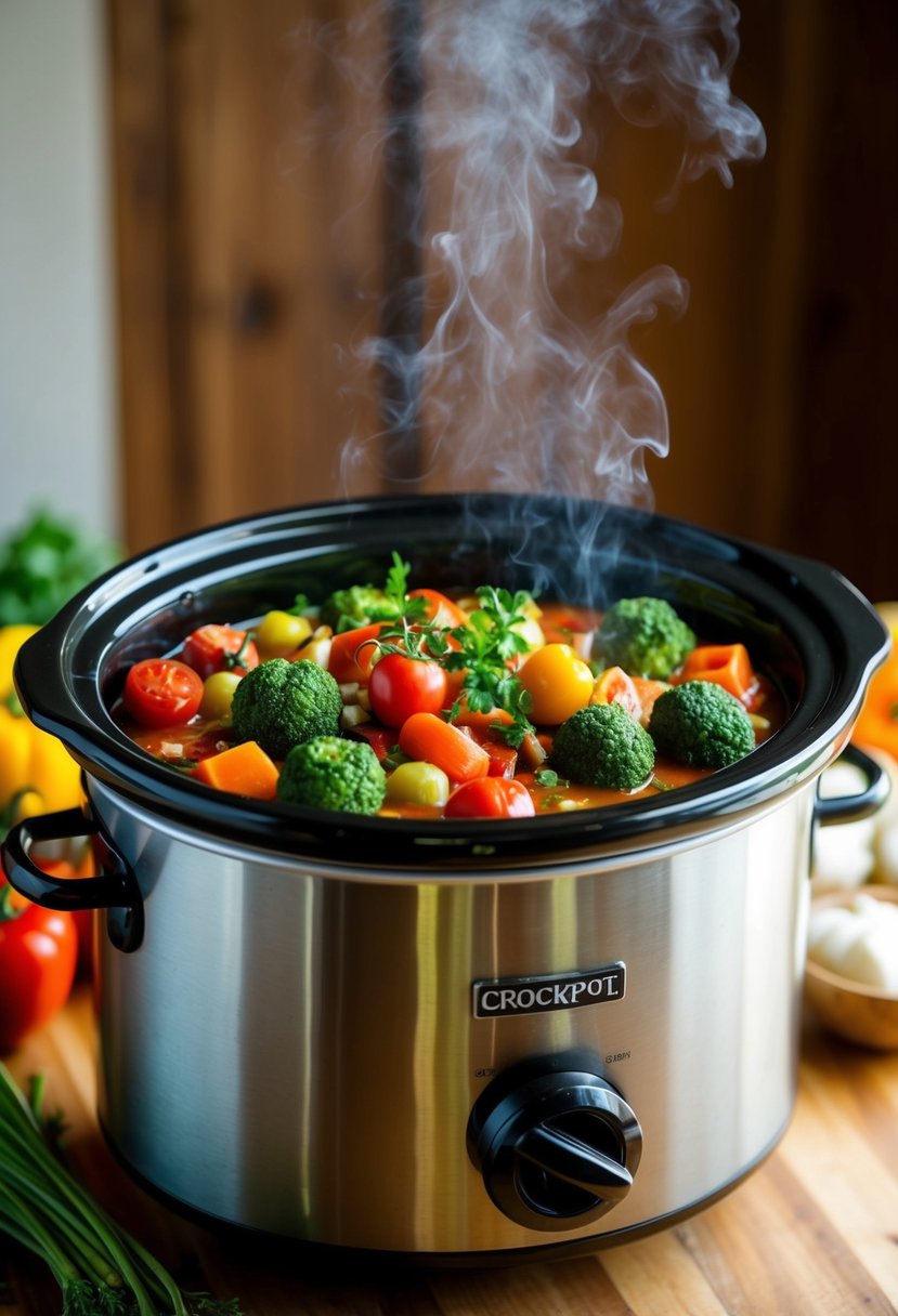 A colorful array of fresh vegetables simmering in a crockpot, emitting a tantalizing aroma of slow-cooked ratatouille