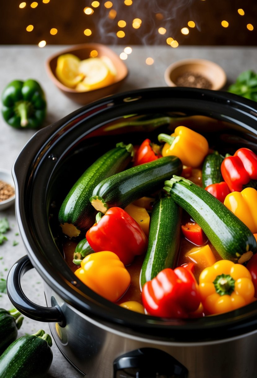 Fresh zucchini and colorful bell peppers simmer in a crockpot, filling the air with savory aromas