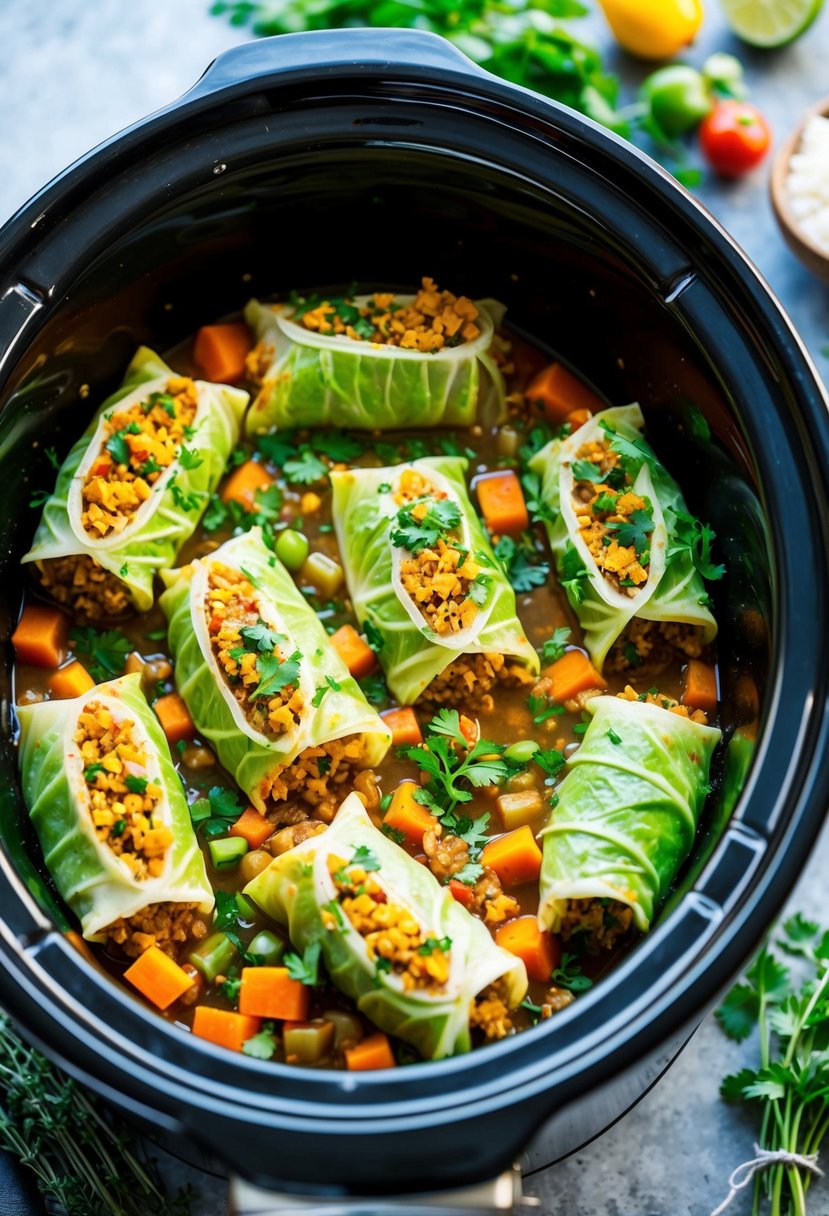 A crockpot filled with vegetarian stuffed cabbage rolls surrounded by fresh herbs and colorful vegetables