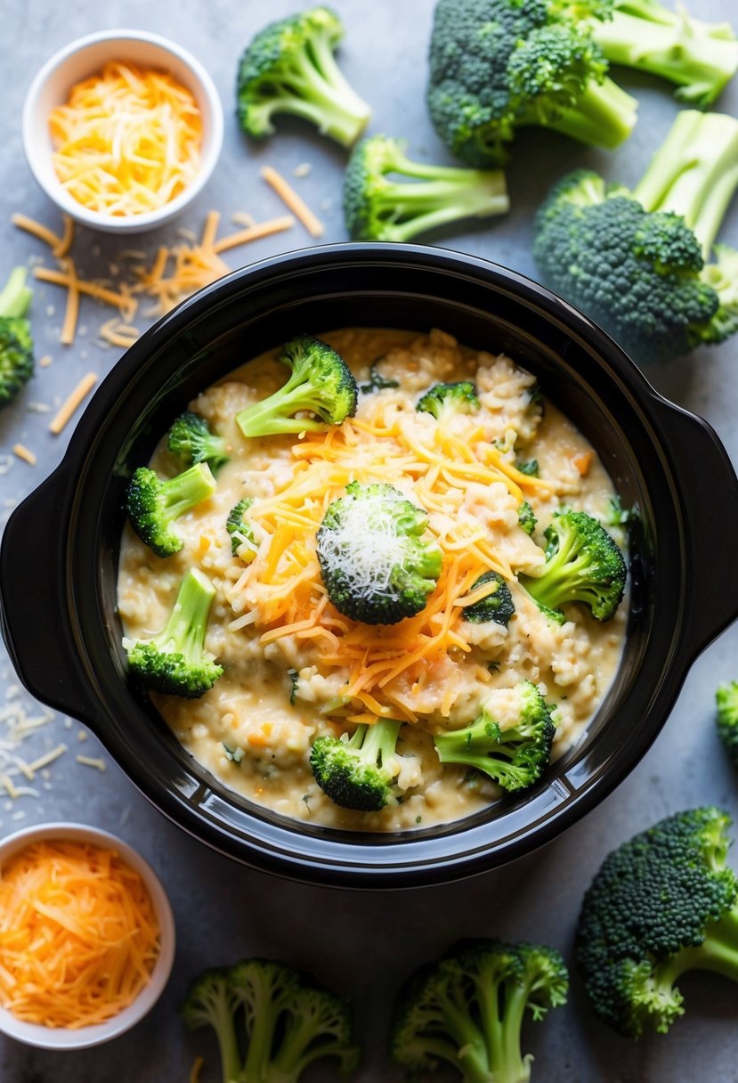 A crockpot filled with creamy broccoli and cheddar risotto, surrounded by fresh broccoli florets and a sprinkle of grated cheddar on top