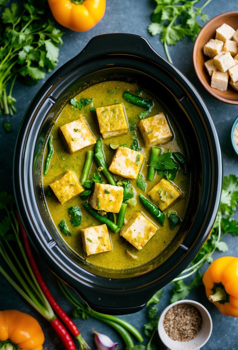 A crockpot filled with simmering Thai green curry and tofu, surrounded by vibrant vegetables and aromatic herbs