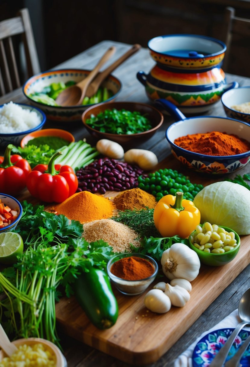 A colorful spread of fresh vegetables, beans, and spices on a wooden table, with traditional Mexican cookware and utensils nearby