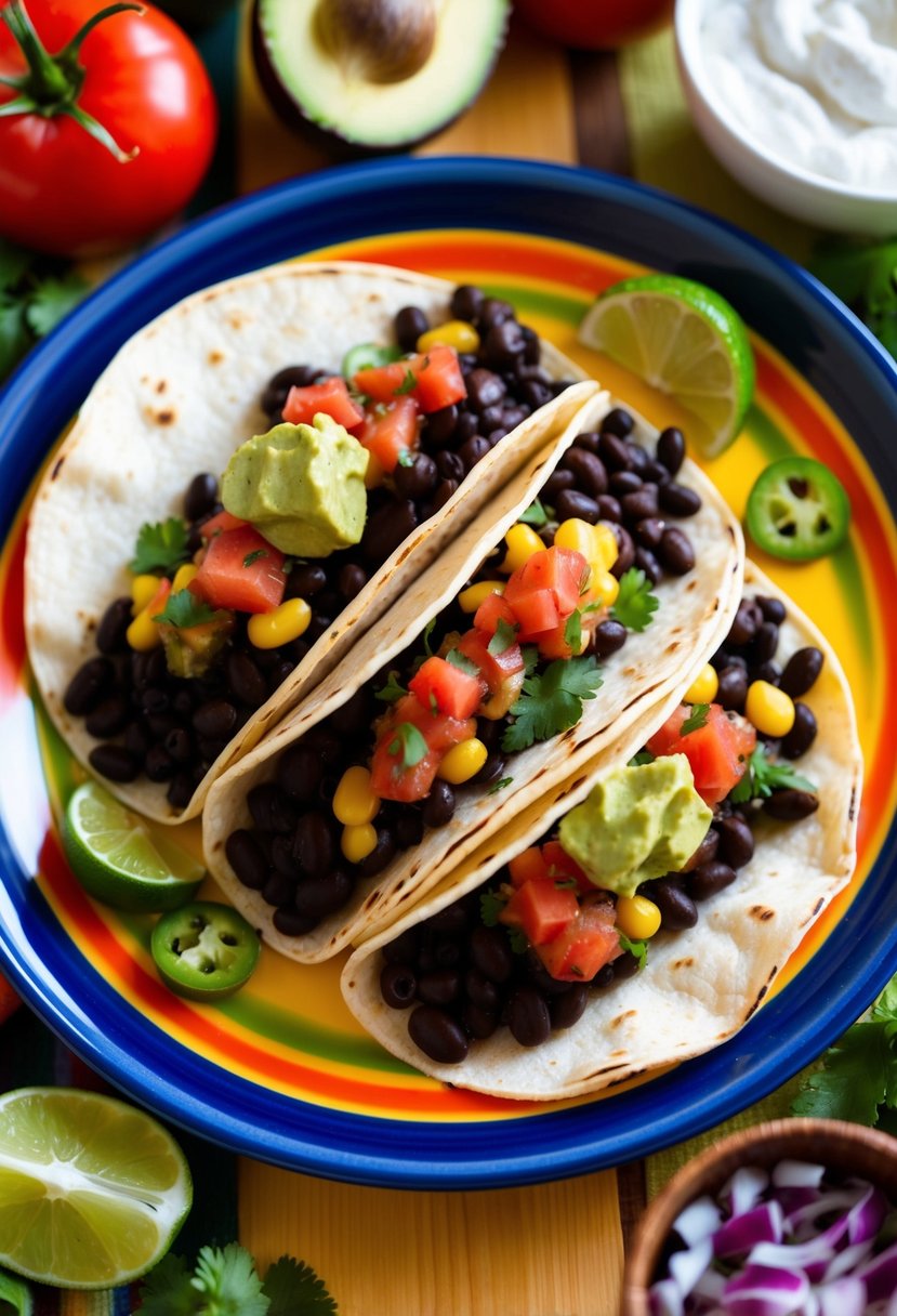 A colorful plate of vegetarian tacos filled with black beans, topped with fresh salsa and guacamole, surrounded by vibrant Mexican ingredients