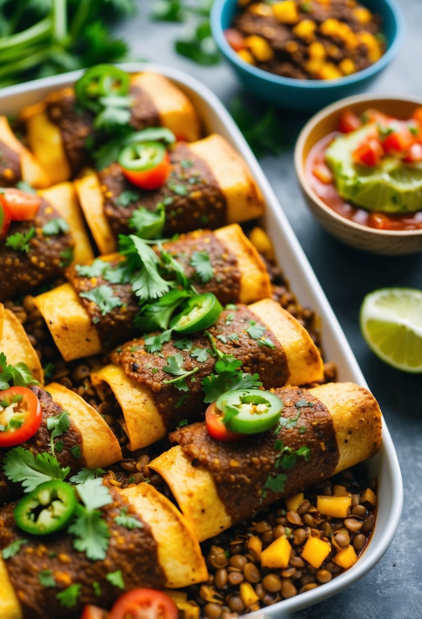 A colorful array of spicy lentil enchiladas, garnished with fresh herbs and served with a side of vibrant salsa and guacamole