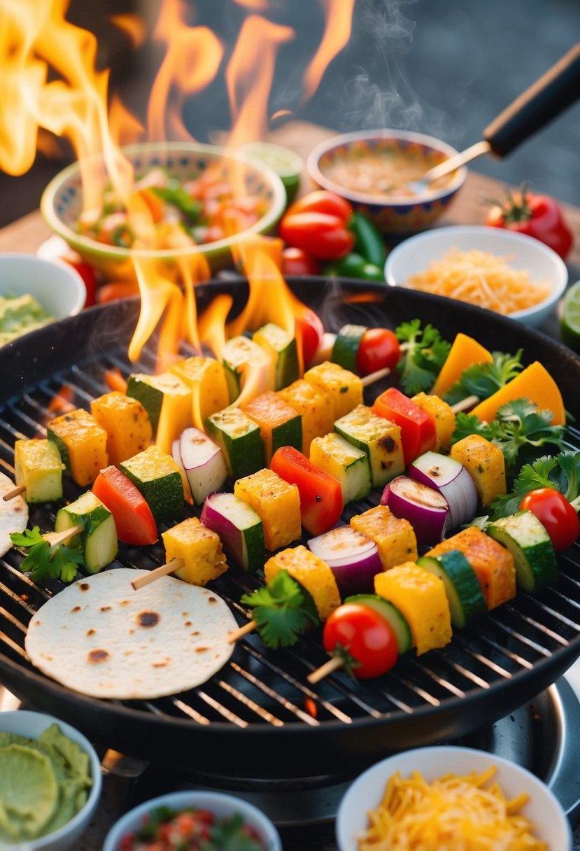 A sizzling grill with colorful vegetables and tortillas, surrounded by traditional Mexican ingredients like cheese, salsa, and guacamole