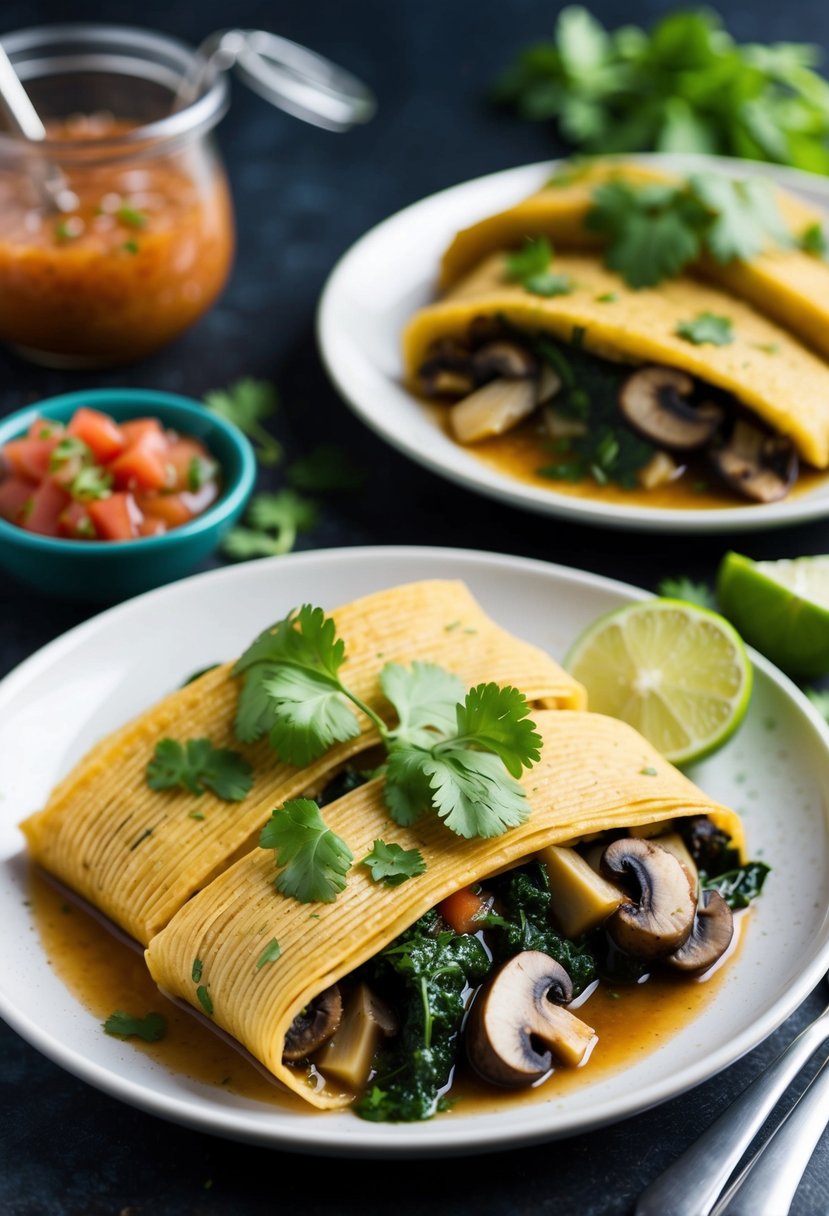 A steaming plate of mushroom and spinach tamales, garnished with fresh cilantro and served with a side of salsa and lime wedges