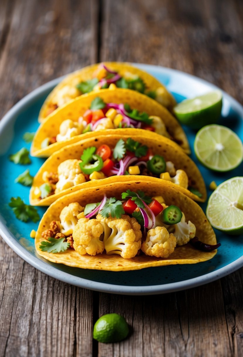 A platter of sizzling chili lime cauliflower tacos with colorful toppings on a rustic wooden table