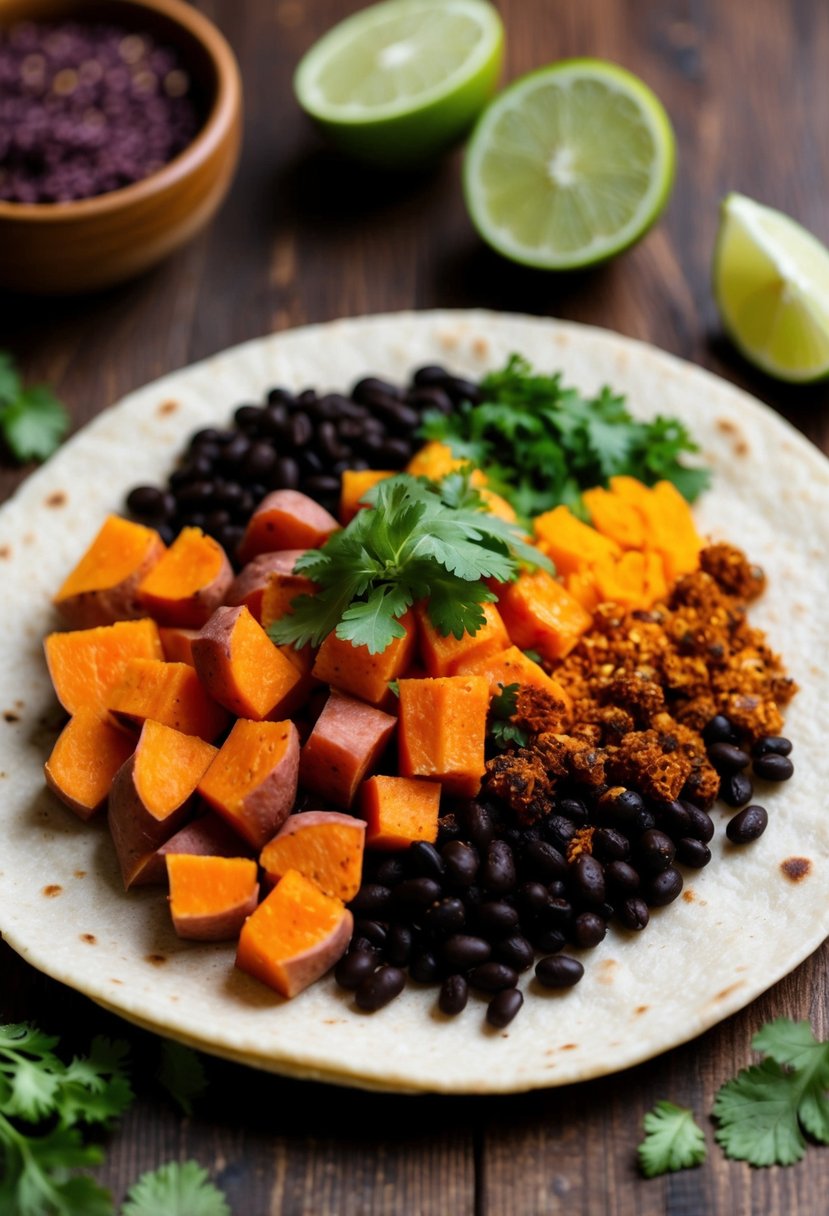 A colorful array of sweet potatoes, black beans, and vibrant Mexican spices fill a tortilla, ready to be rolled into a delicious vegetarian burrito