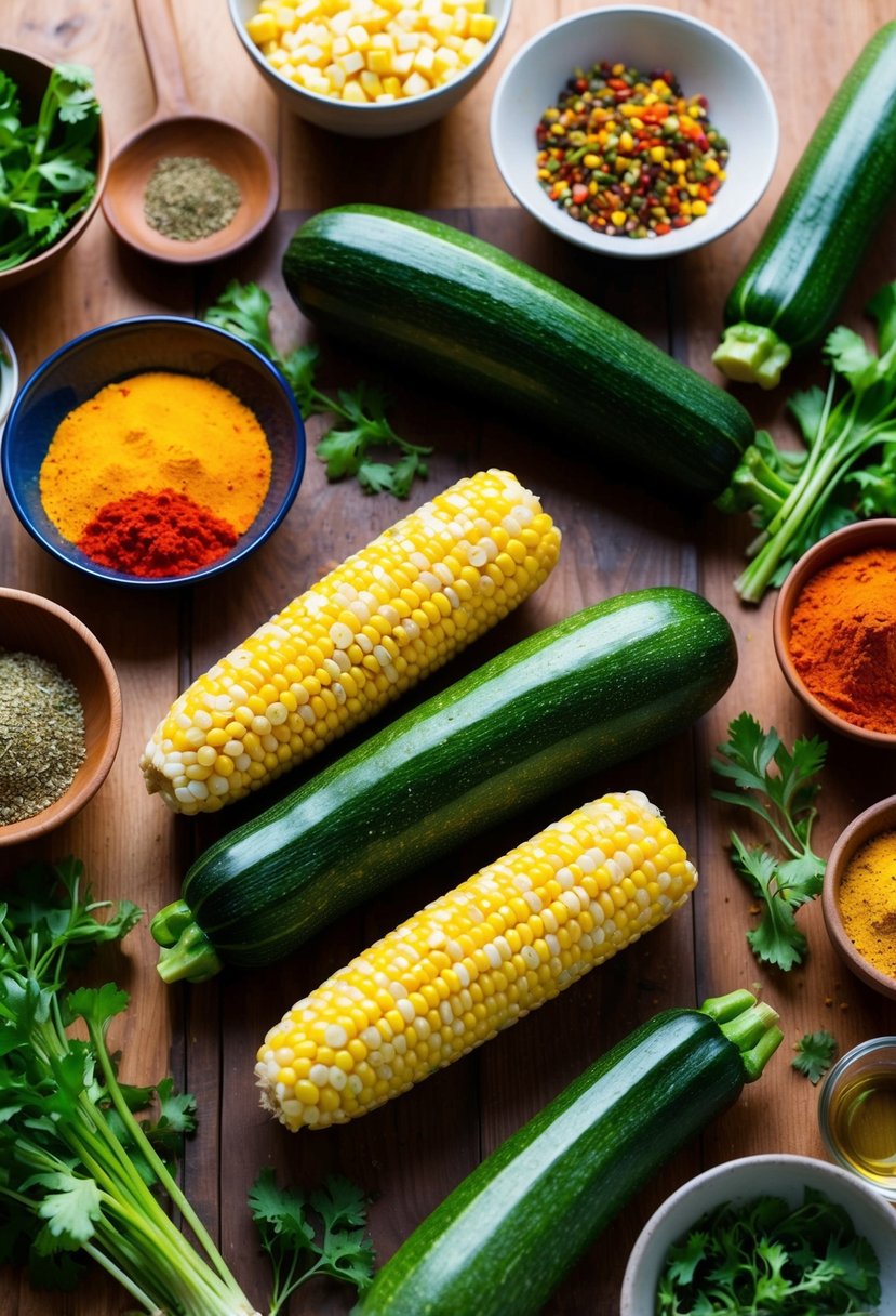 Fresh zucchinis and corn on a wooden table surrounded by colorful Mexican spices and herbs, ready to be mixed and fried into delicious vegetarian fritters