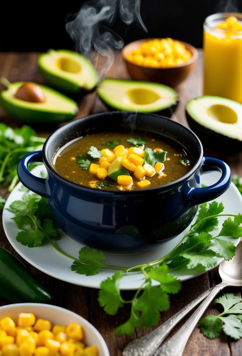 A steaming bowl of Poblano Pepper Soup surrounded by fresh ingredients like corn, cilantro, and avocado