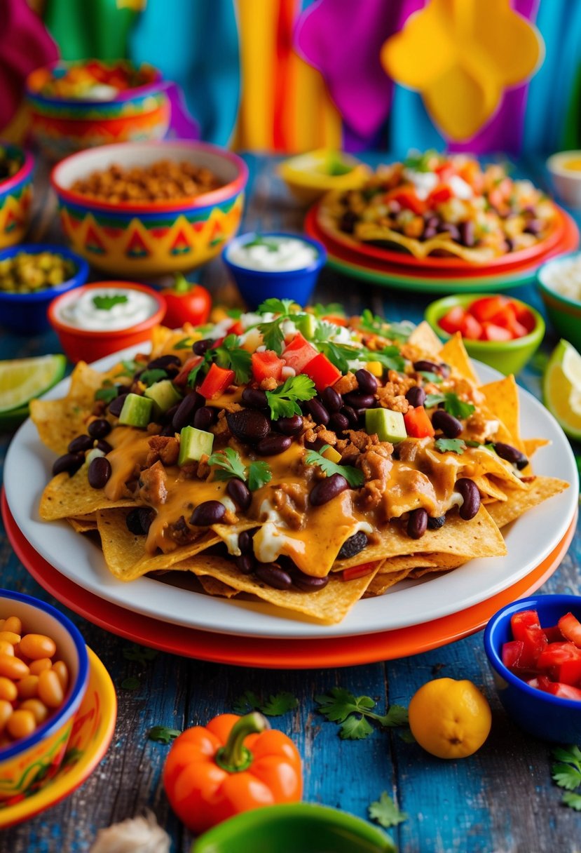 A colorful platter of loaded nachos topped with beans, melted cheese, and assorted vegetables, surrounded by vibrant Mexican-themed decor