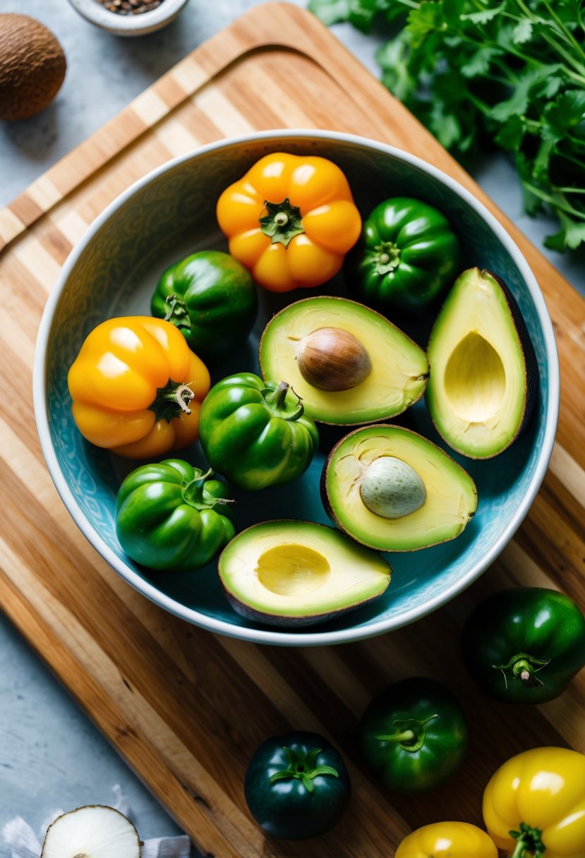 A vibrant bowl of tomatillos, avocados, and other fresh ingredients arranged on a wooden cutting board