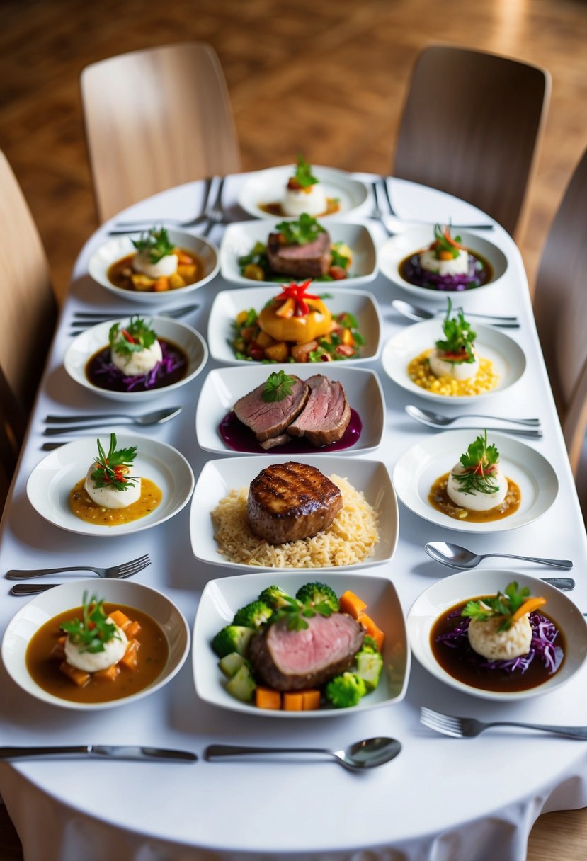 A table set with a variety of main course dishes, including meats, vegetables, and grains, beautifully arranged with colorful garnishes and sauces