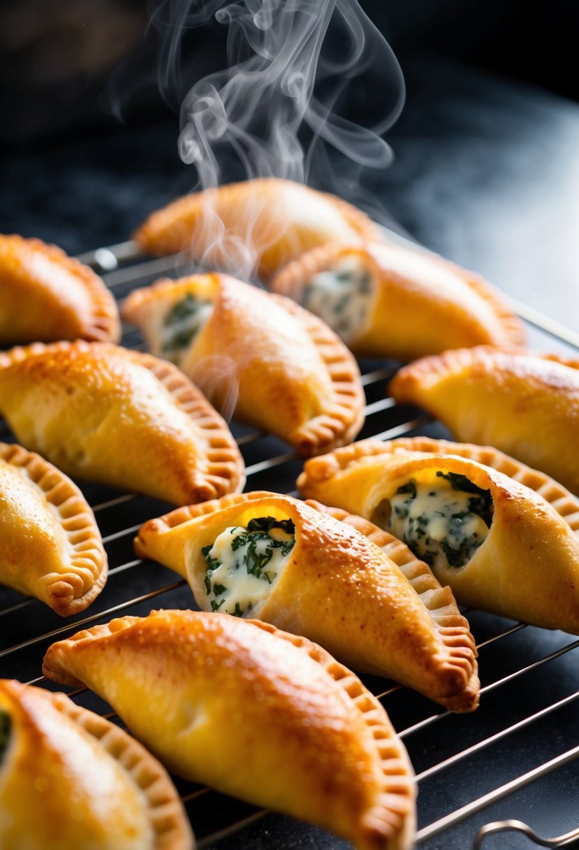 Golden-brown empanadas cooling on a wire rack, steam rising from the flaky pastry filled with spinach and cheese