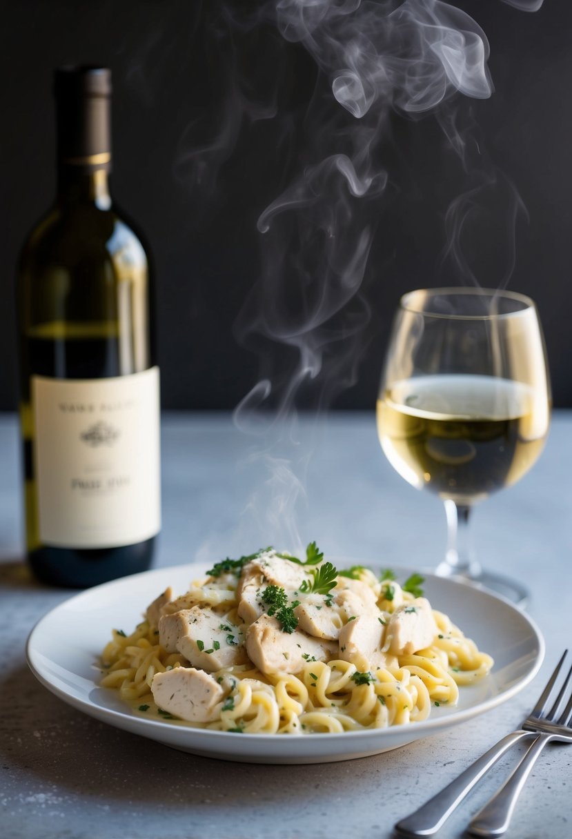 A steaming plate of creamy chicken Alfredo with fresh herbs and parmesan cheese, served alongside a glass of white wine