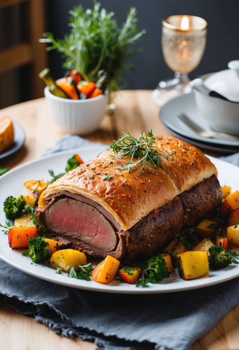 A golden-brown Beef Wellington sits on a white serving platter, surrounded by vibrant roasted vegetables and garnished with fresh herbs