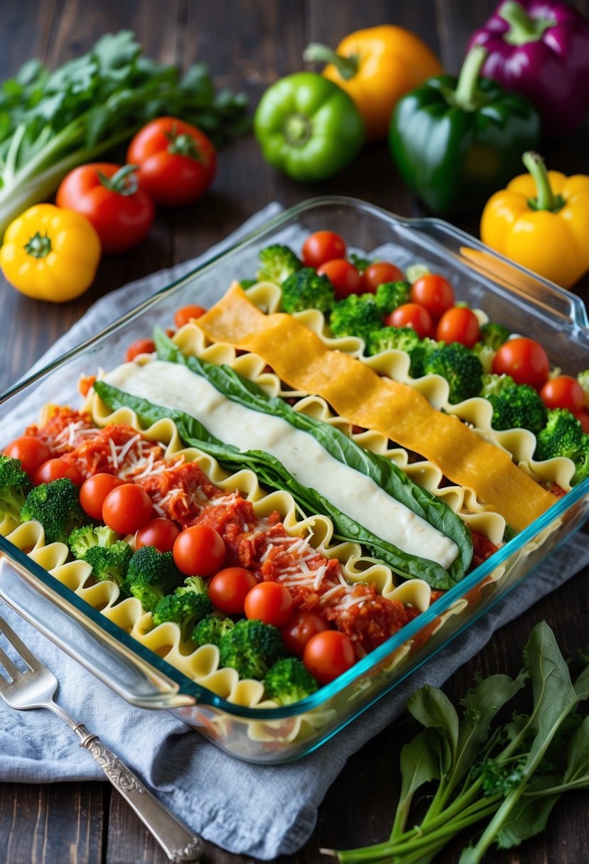 A colorful array of fresh vegetables, lasagna noodles, and dairy-free cheese layered in a baking dish