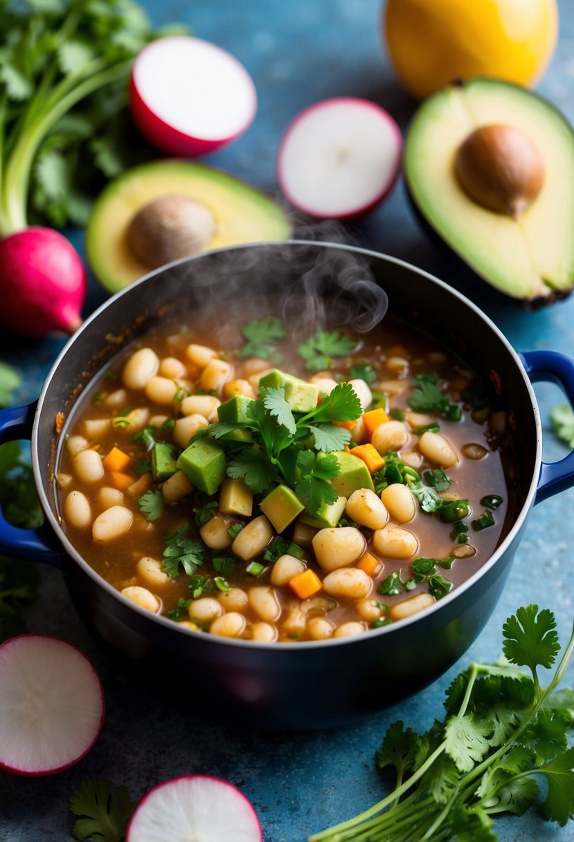 A steaming pot of vegetarian pozole with hominy, surrounded by colorful ingredients like radishes, avocado, and cilantro