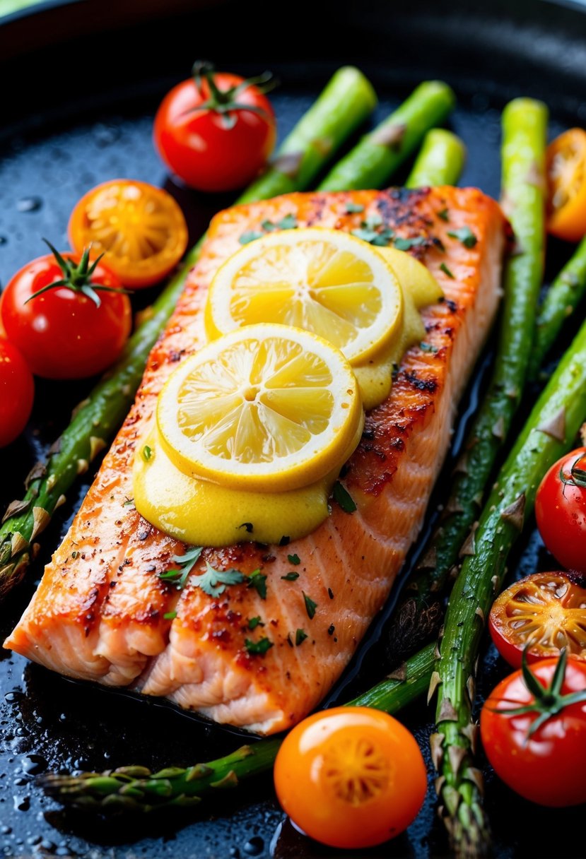 A sizzling grilled salmon fillet topped with a rich, golden lemon butter sauce, surrounded by vibrant green asparagus spears and colorful roasted cherry tomatoes