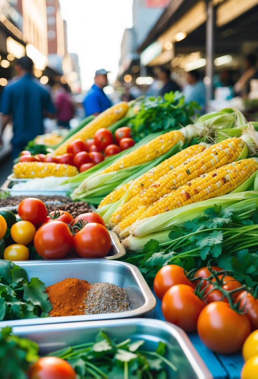 A vibrant street market with a colorful array of fresh corn, tomatoes, cilantro, and spices displayed on a table